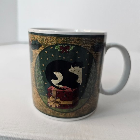 Sakura Oneida Holiday Cheer Mug Black Cat Christmas Coffee Cup Warren Kimble - Picture 1 of 9